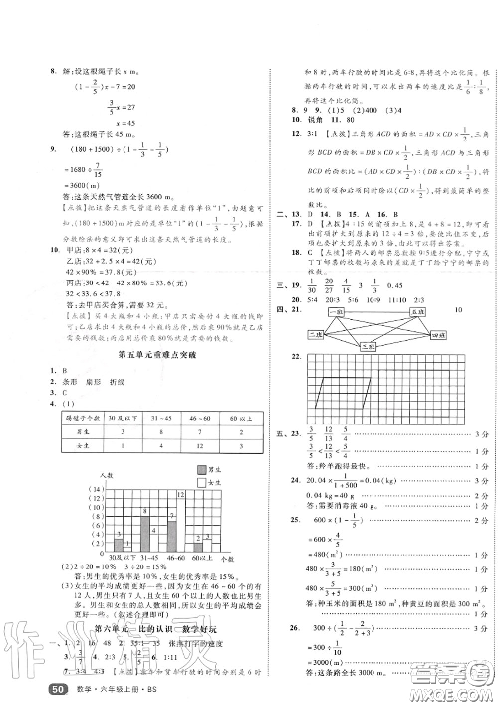 天津人民出版社2020秋全品小復(fù)習(xí)六年級數(shù)學(xué)上冊北師版答案