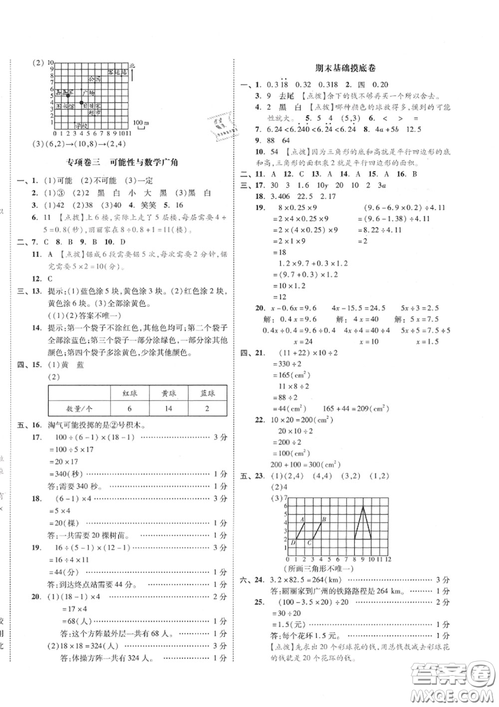 天津人民出版社2020秋全品小復(fù)習(xí)五年級(jí)數(shù)學(xué)上冊(cè)人教版答案