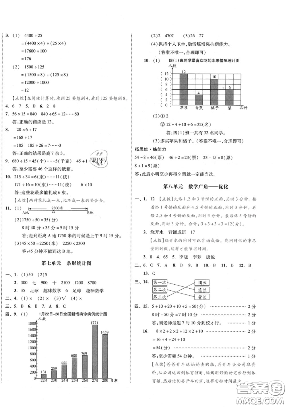 天津人民出版社2020秋全品小復(fù)習(xí)四年級數(shù)學(xué)上冊人教版答案