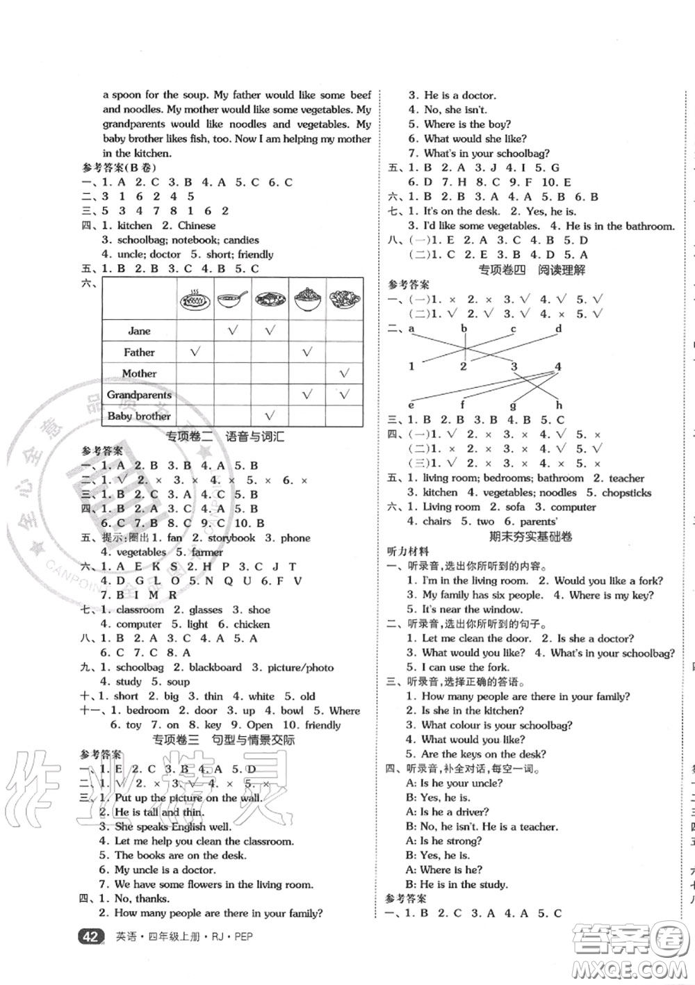 天津人民出版社2020秋全品小復(fù)習(xí)四年級(jí)英語(yǔ)上冊(cè)人教版答案