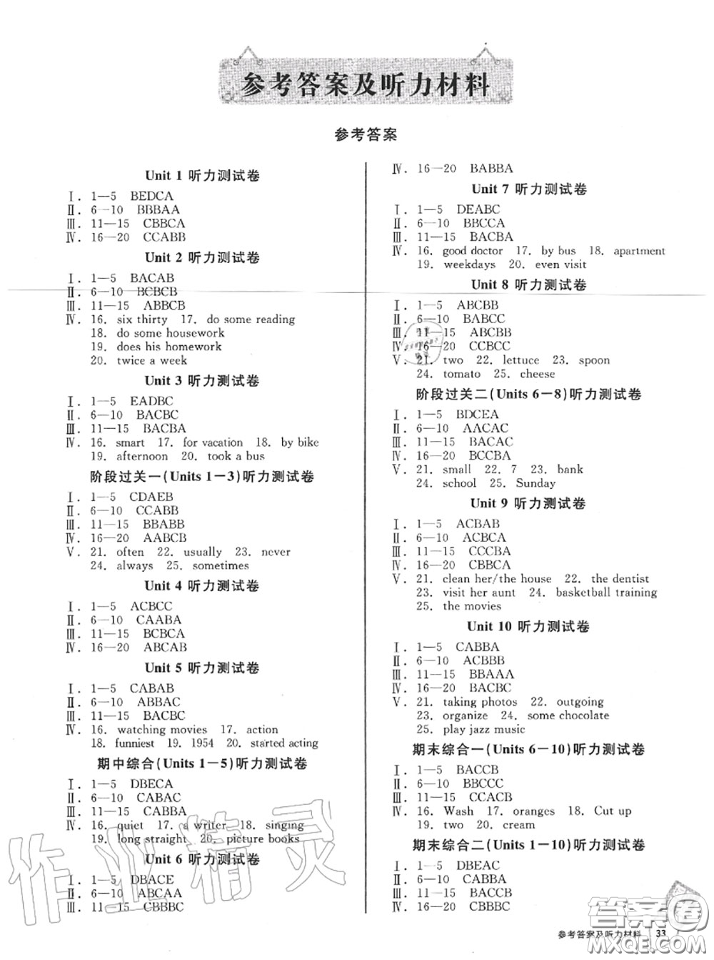 陽(yáng)光出版社2020秋全品小復(fù)習(xí)八年級(jí)英語(yǔ)上冊(cè)人教版答案