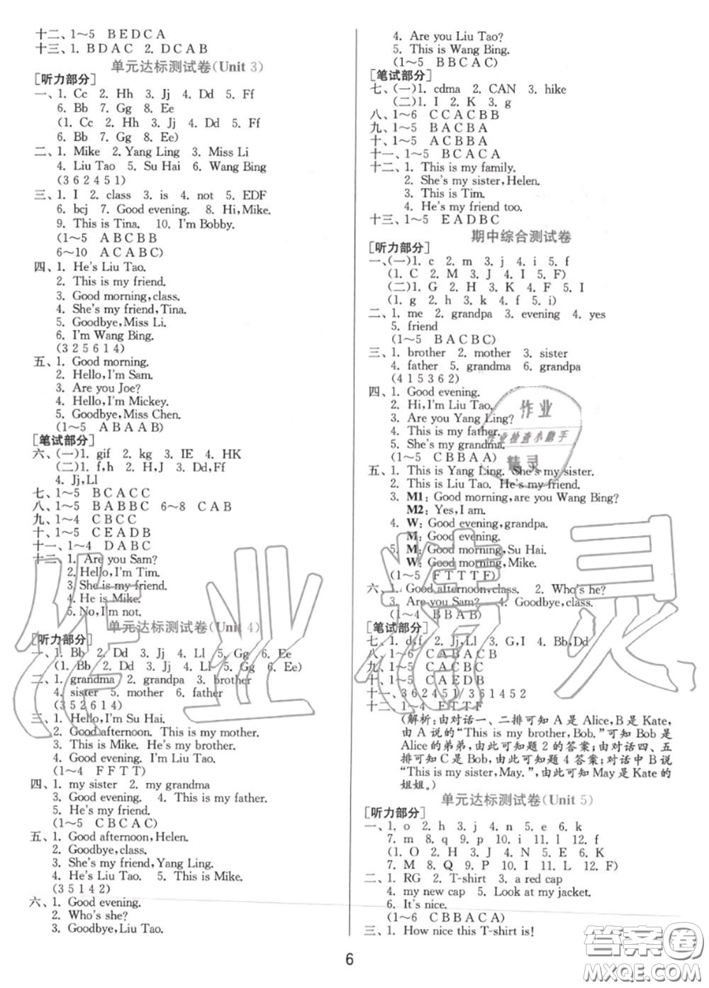 2020秋1課3練單元達(dá)標(biāo)測(cè)試三年級(jí)英語(yǔ)上冊(cè)譯林版參考答案