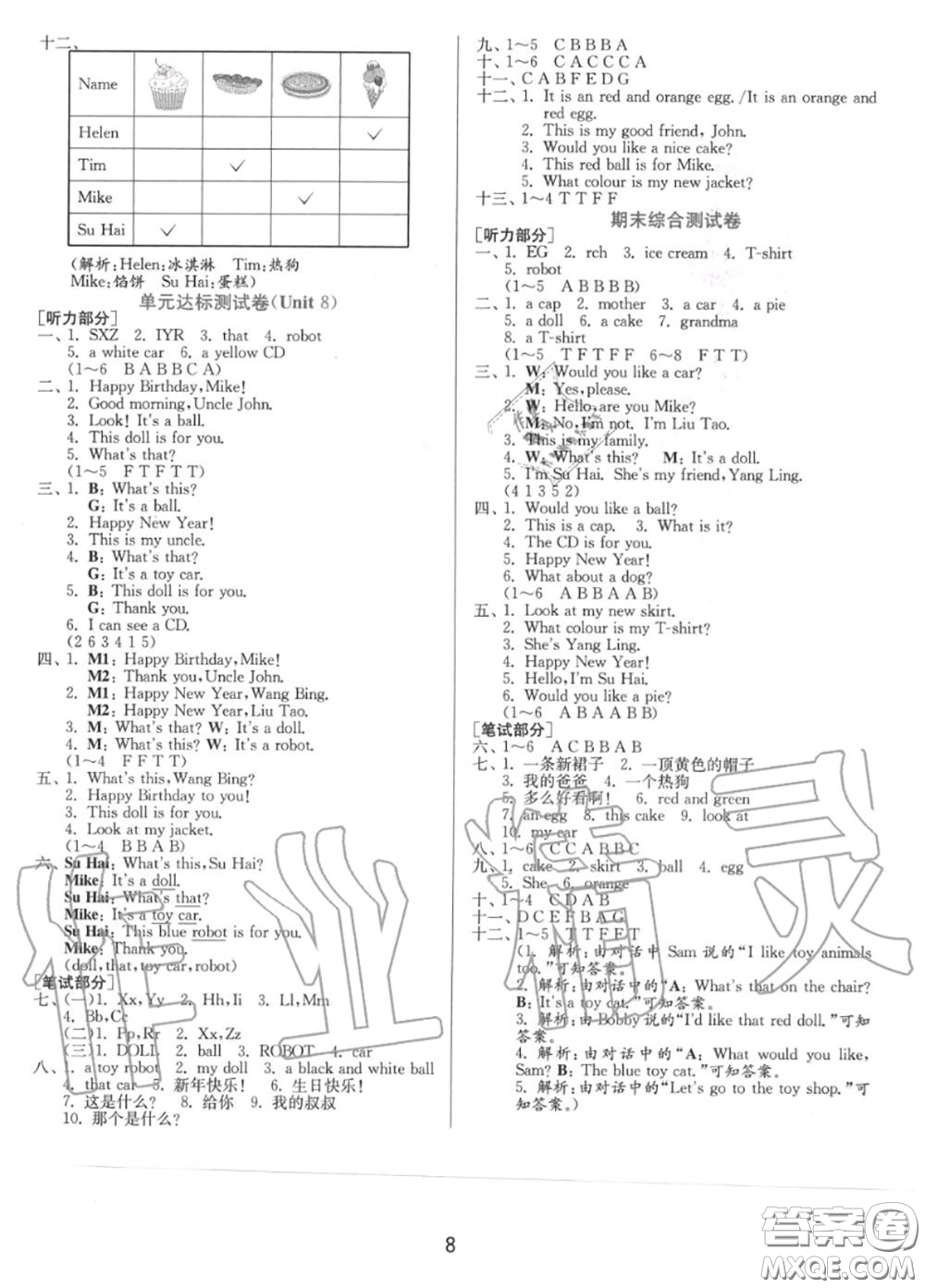 2020秋1課3練單元達(dá)標(biāo)測(cè)試三年級(jí)英語(yǔ)上冊(cè)譯林版參考答案