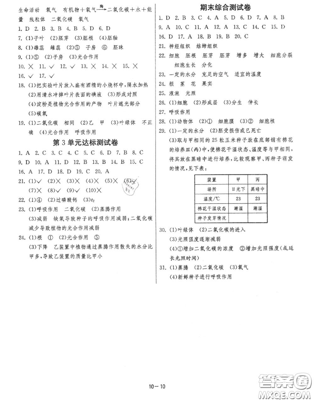 2020秋1課3練單元達標測試七年級生物上冊蘇教版參考答案