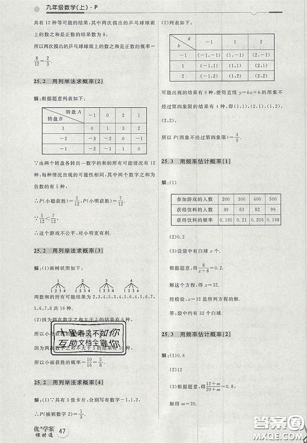 2020秋優(yōu)加學案課時通九年級數(shù)學上冊P版答案