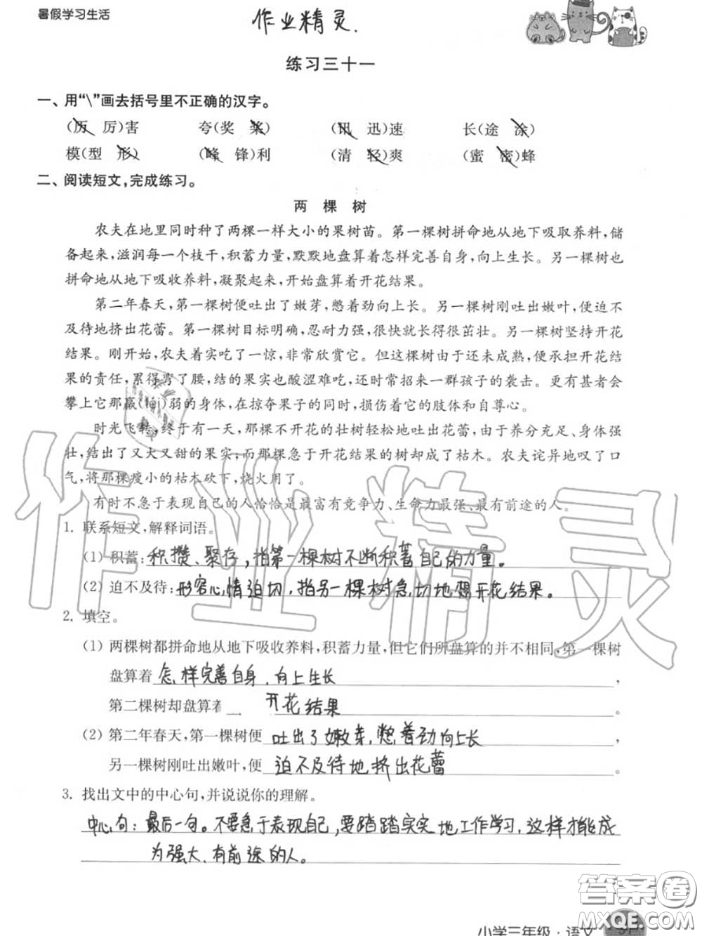 譯林出版社2020年暑假學(xué)習(xí)生活三年級合訂本通用版答案