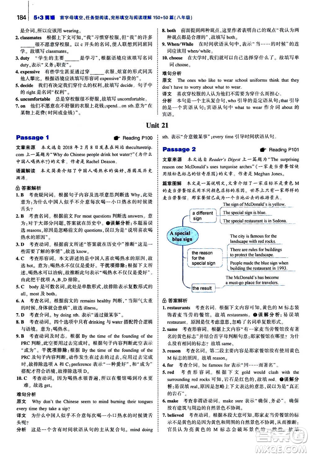 曲一線2020版53英語完形填空閱讀理解與語法填空八年級答案