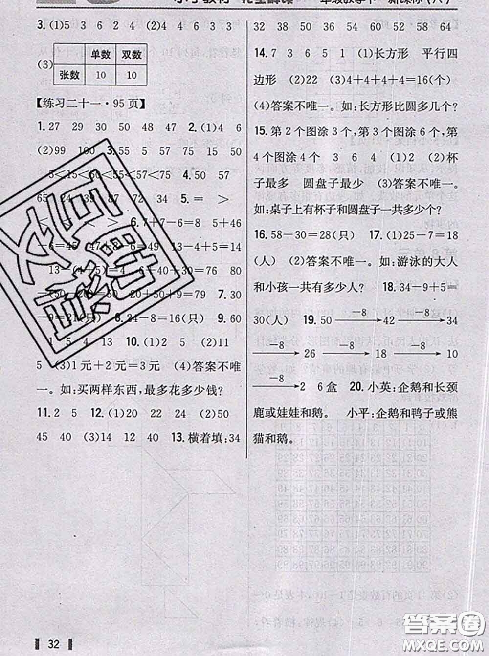 人民教育出版社2021年課本教材一年級數(shù)學(xué)下冊人教版參考答案