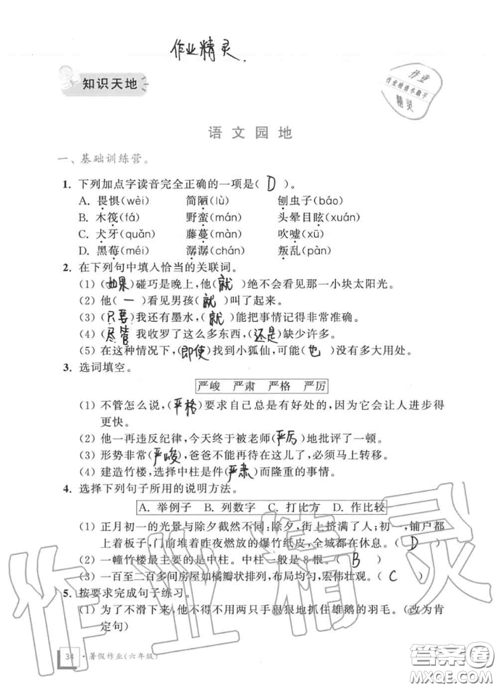 教育科學(xué)出版社2020暑假作業(yè)六年級(jí)合訂本通用版參考答案