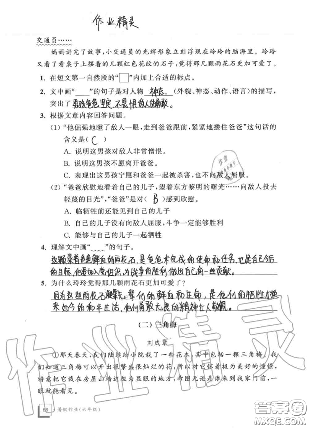 教育科學(xué)出版社2020暑假作業(yè)六年級(jí)合訂本通用版參考答案