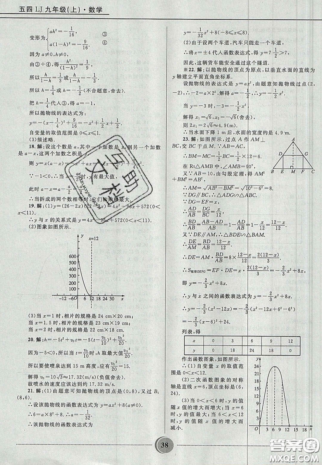 山東教育出版社2020義務教育教科書九年級數學上冊魯教版答案