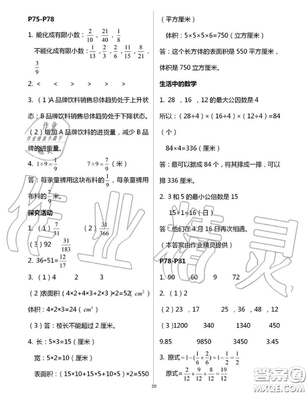 安徽少年兒童出版社2020年暑假作業(yè)五年級(jí)數(shù)學(xué)人教版參考答案