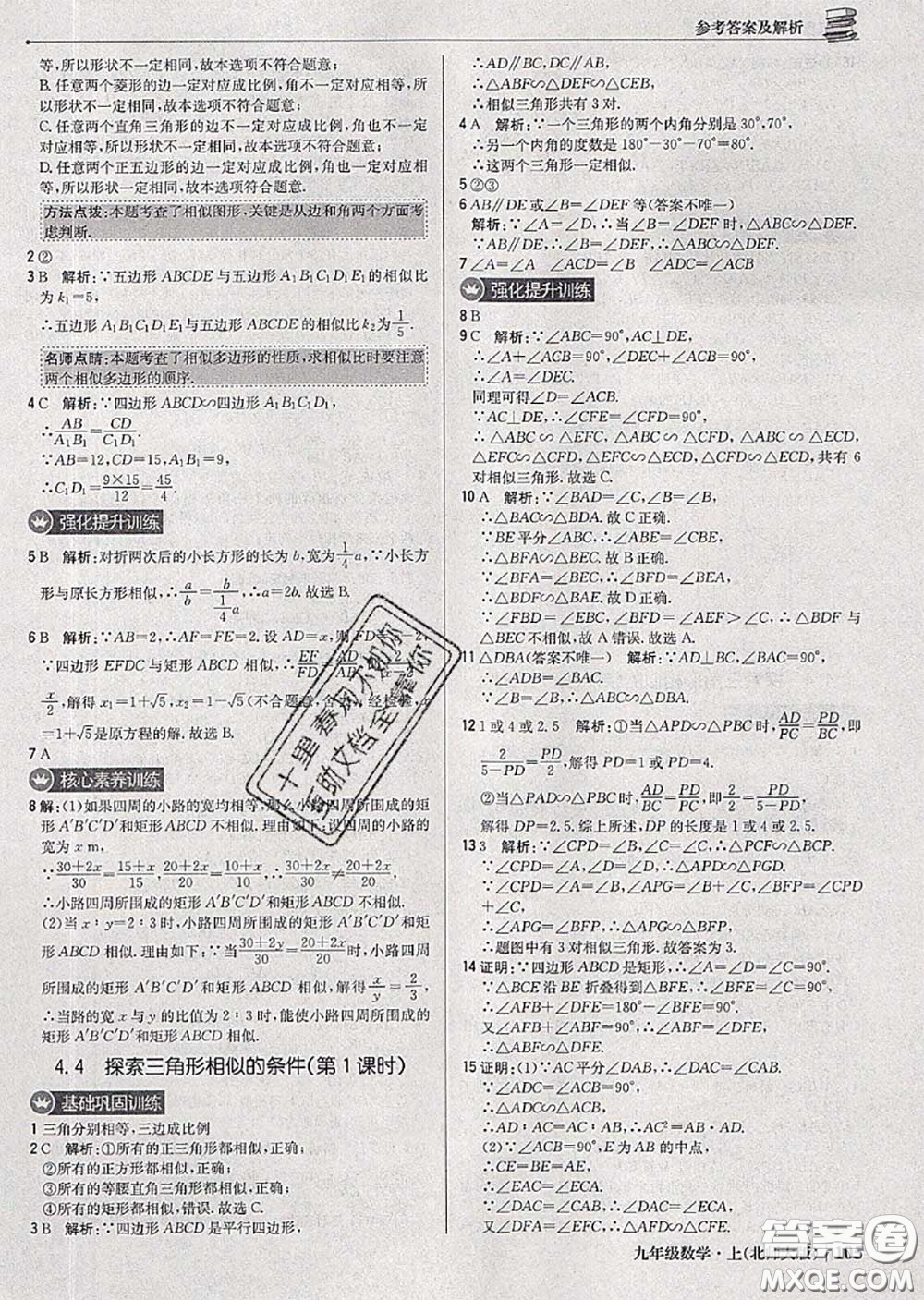 2020年秋1加1輕巧奪冠優(yōu)化訓(xùn)練九年級(jí)數(shù)學(xué)上冊(cè)北師版參考答案