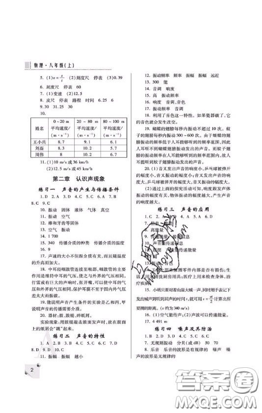 2020年課堂練習(xí)冊八年級物理上冊A版答案