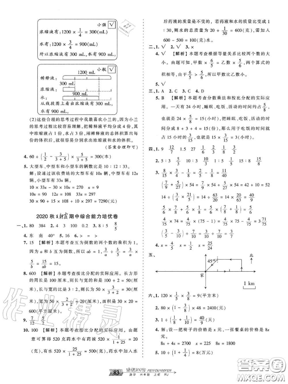 2020年秋王朝霞培優(yōu)100分六年級數學上冊人教版參考答案