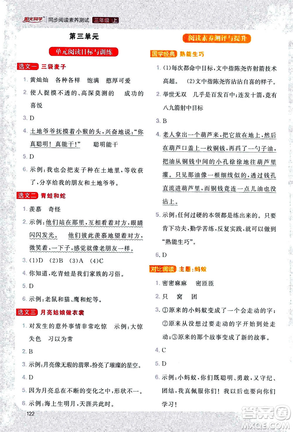 2020年陽光同學同步閱讀素養(yǎng)測試小學語文三年級上冊通用版答案