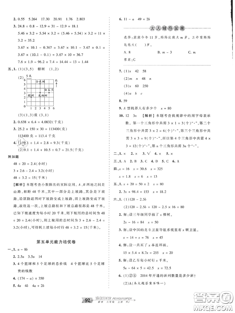 2020年秋王朝霞培優(yōu)100分五年級數(shù)學(xué)上冊人教版參考答案