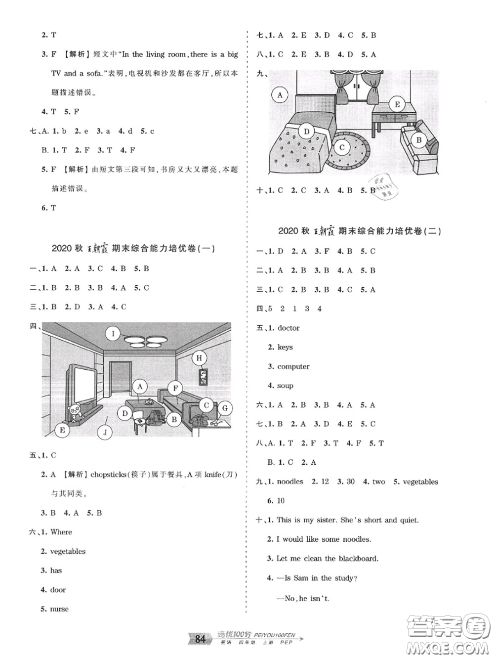 2020年秋王朝霞培優(yōu)100分四年級(jí)英語(yǔ)上冊(cè)人教版參考答案