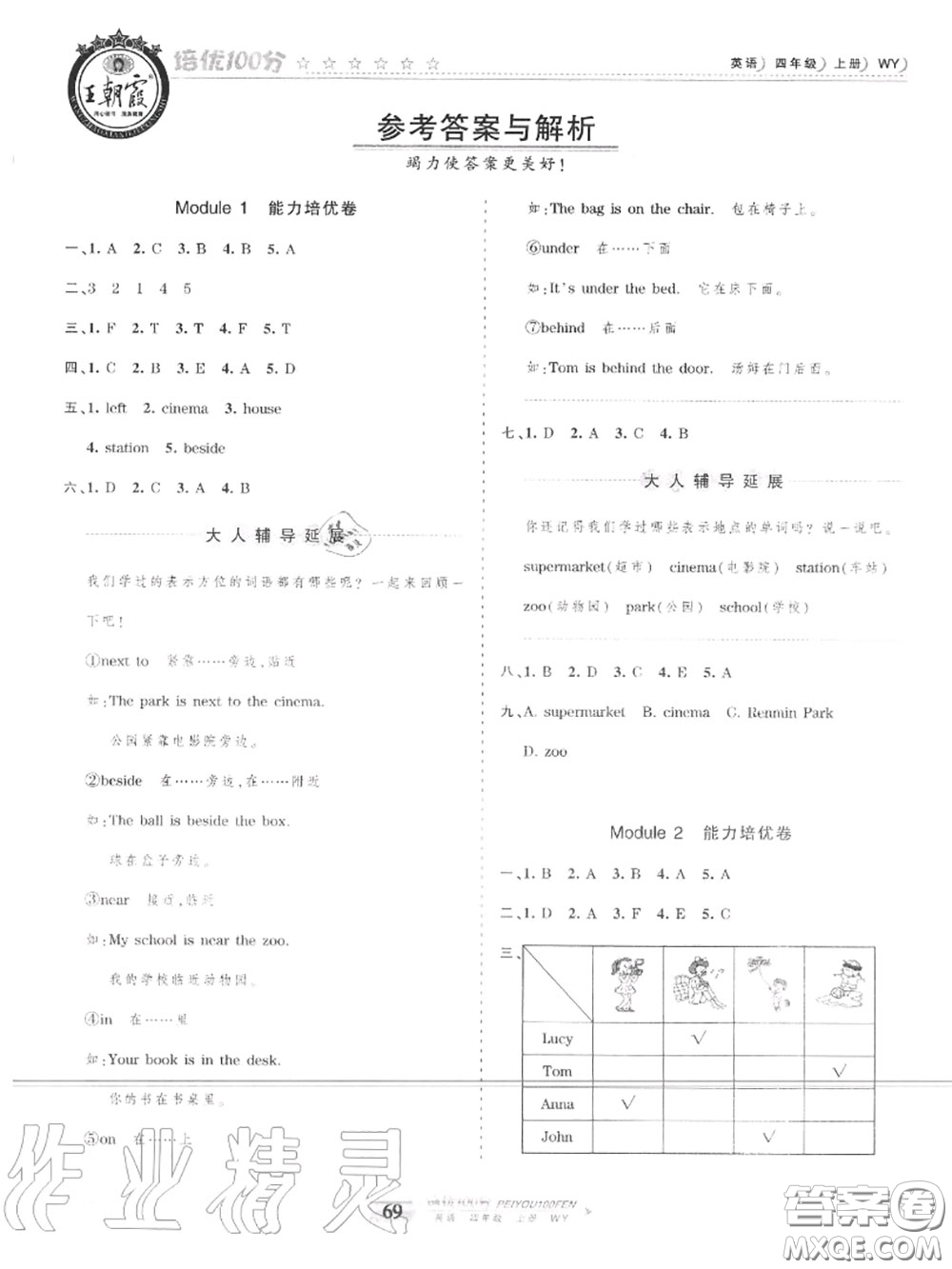 2020年秋王朝霞培優(yōu)100分四年級(jí)英語上冊(cè)外研版參考答案