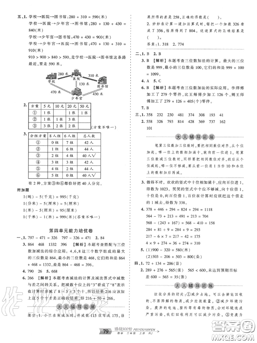 2020年秋王朝霞培優(yōu)100分三年級數(shù)學(xué)上冊人教版參考答案