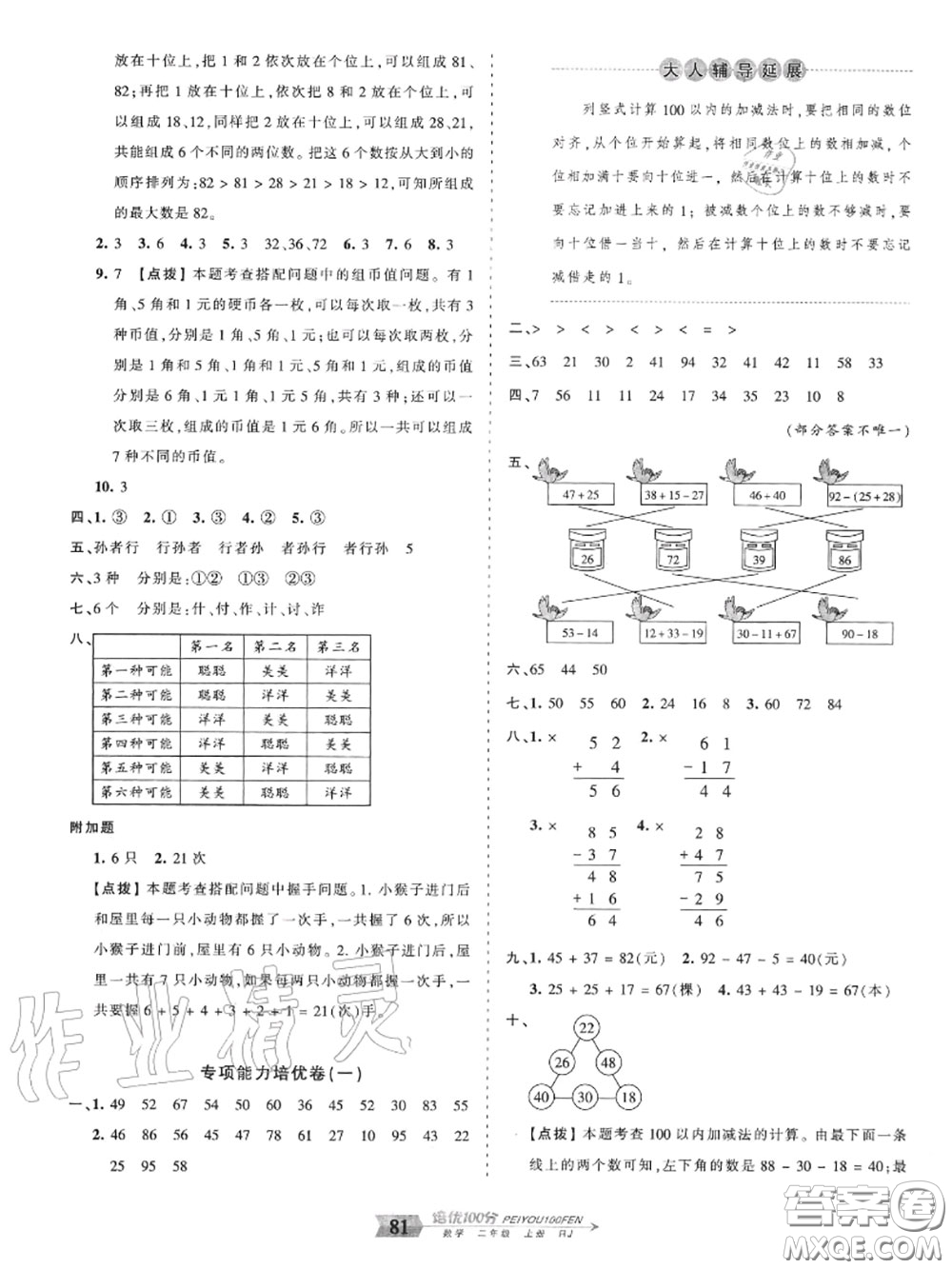 2020年秋王朝霞培優(yōu)100分二年級數(shù)學上冊人教版參考答案