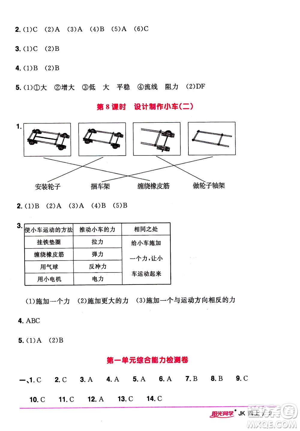 2020年陽光同學(xué)課時優(yōu)化作業(yè)科學(xué)四年級上冊JK教科版答案