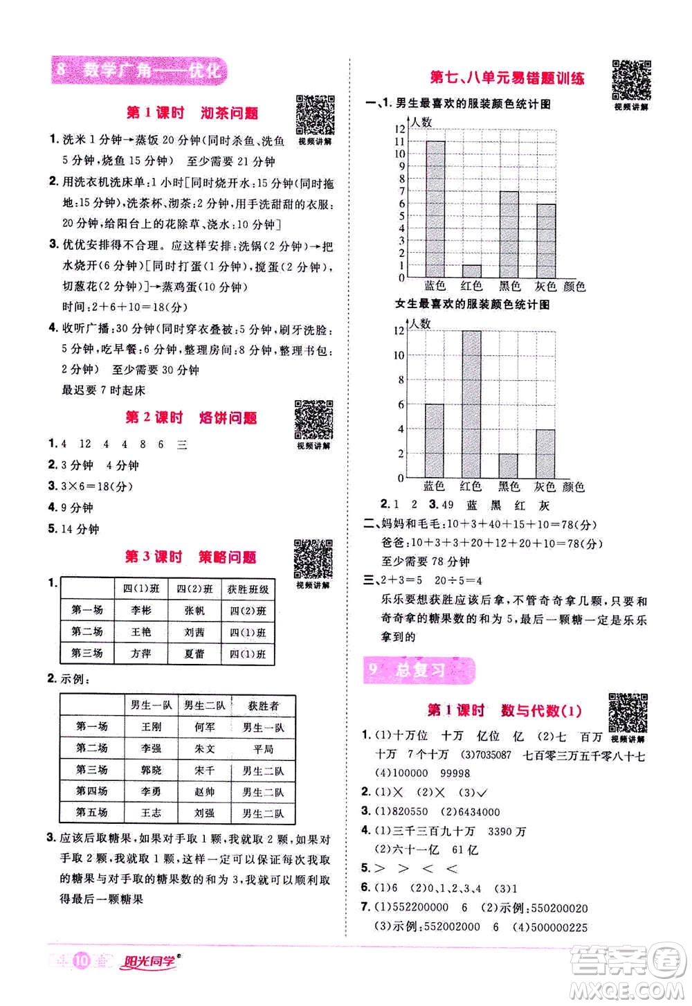 2020年陽光同學(xué)課時達標(biāo)訓(xùn)練數(shù)學(xué)四年級上冊R人教版浙江專版答案