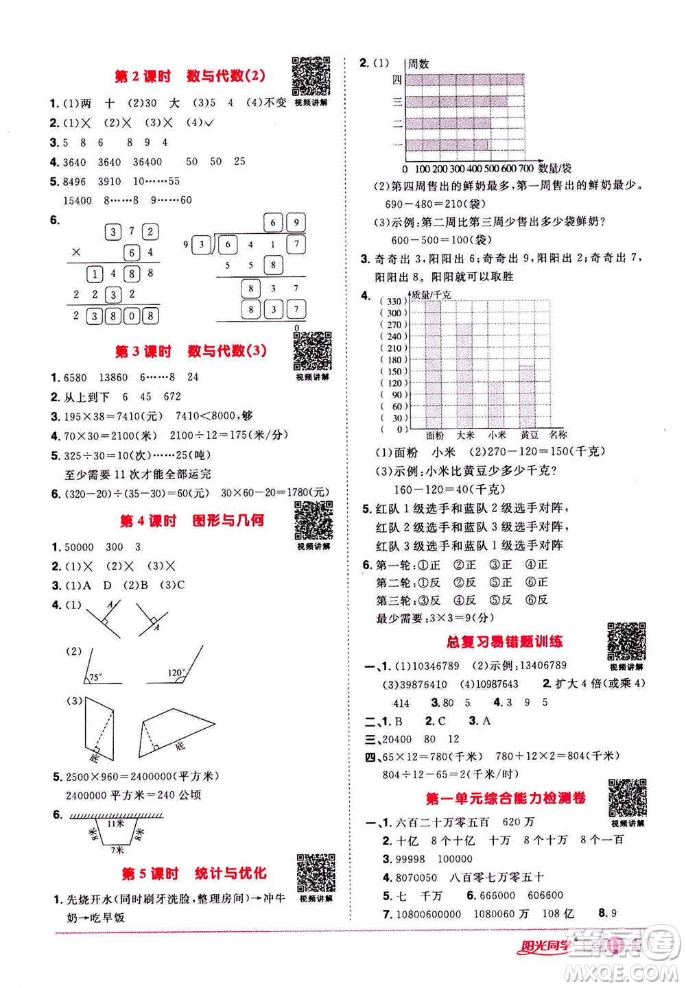 2020年陽光同學(xué)課時達標(biāo)訓(xùn)練數(shù)學(xué)四年級上冊R人教版浙江專版答案