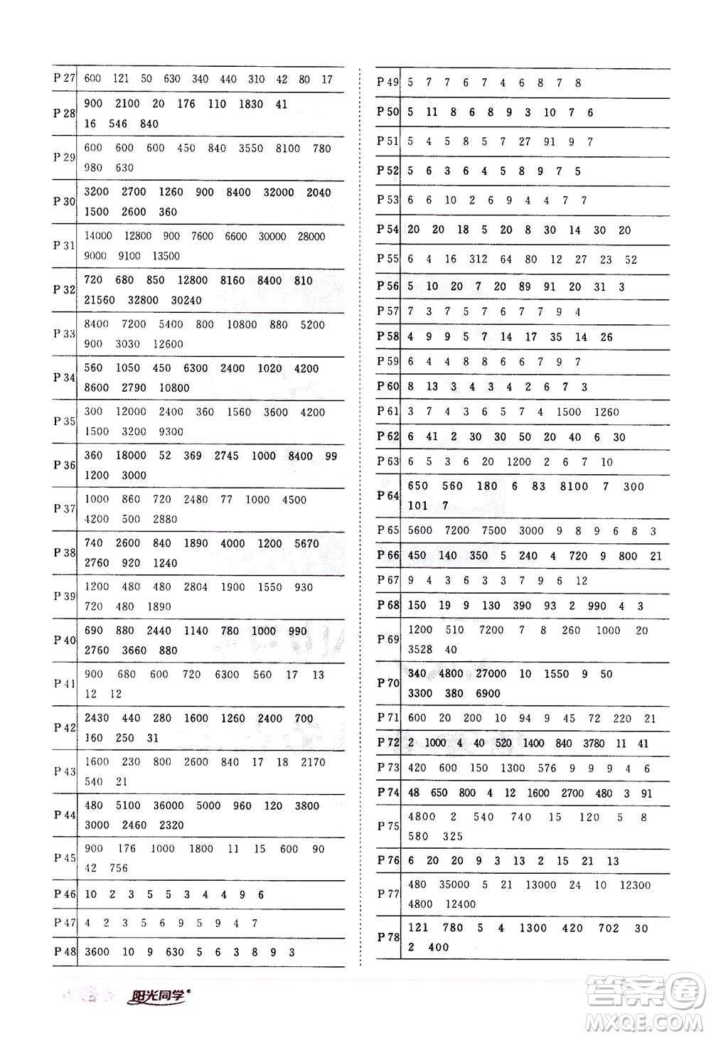 2020年陽光同學(xué)課時達標(biāo)訓(xùn)練數(shù)學(xué)四年級上冊R人教版浙江專版答案