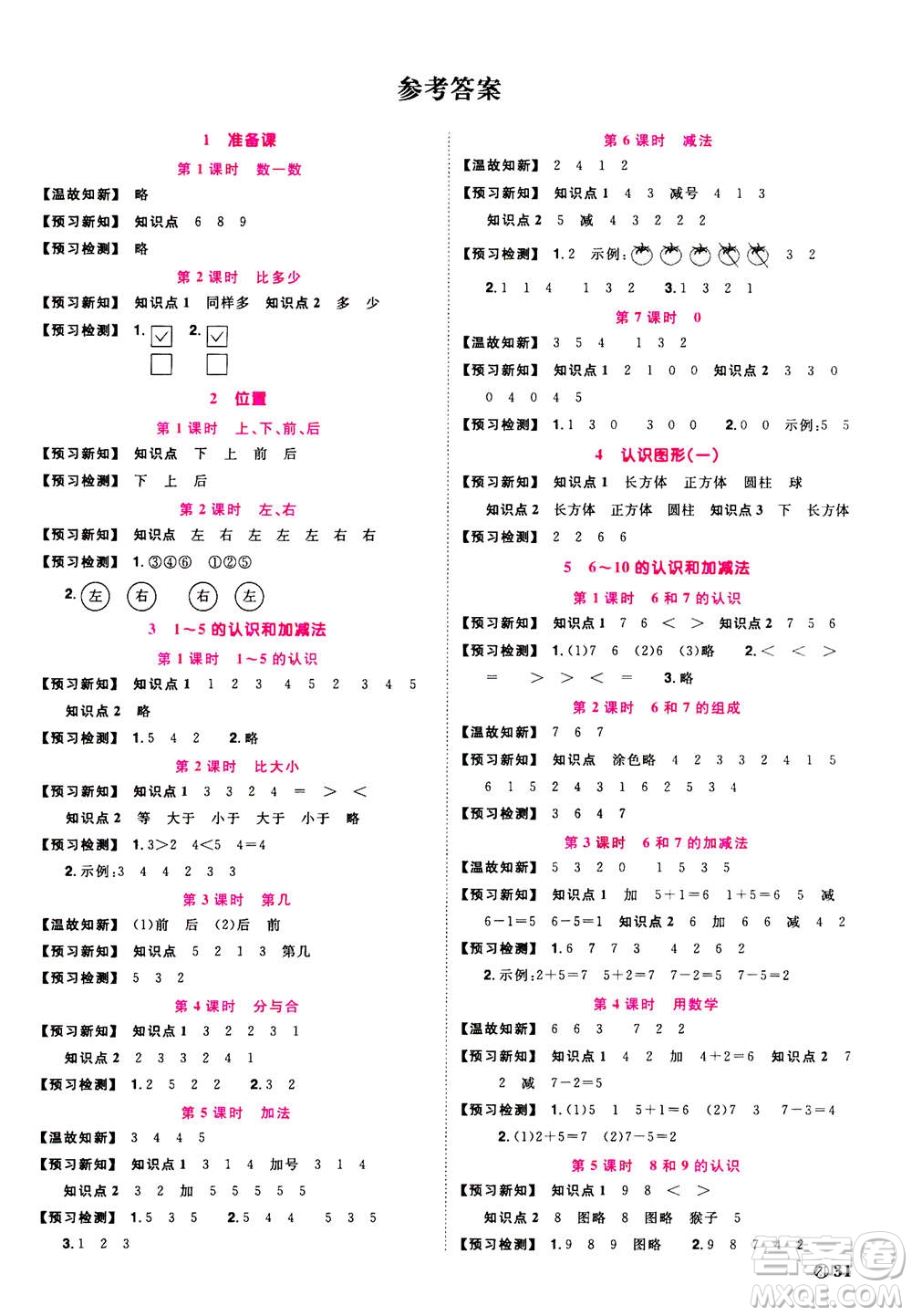 2020年陽(yáng)光同學(xué)課時(shí)達(dá)標(biāo)訓(xùn)練數(shù)學(xué)一年級(jí)上冊(cè)R人教版浙江專版答案