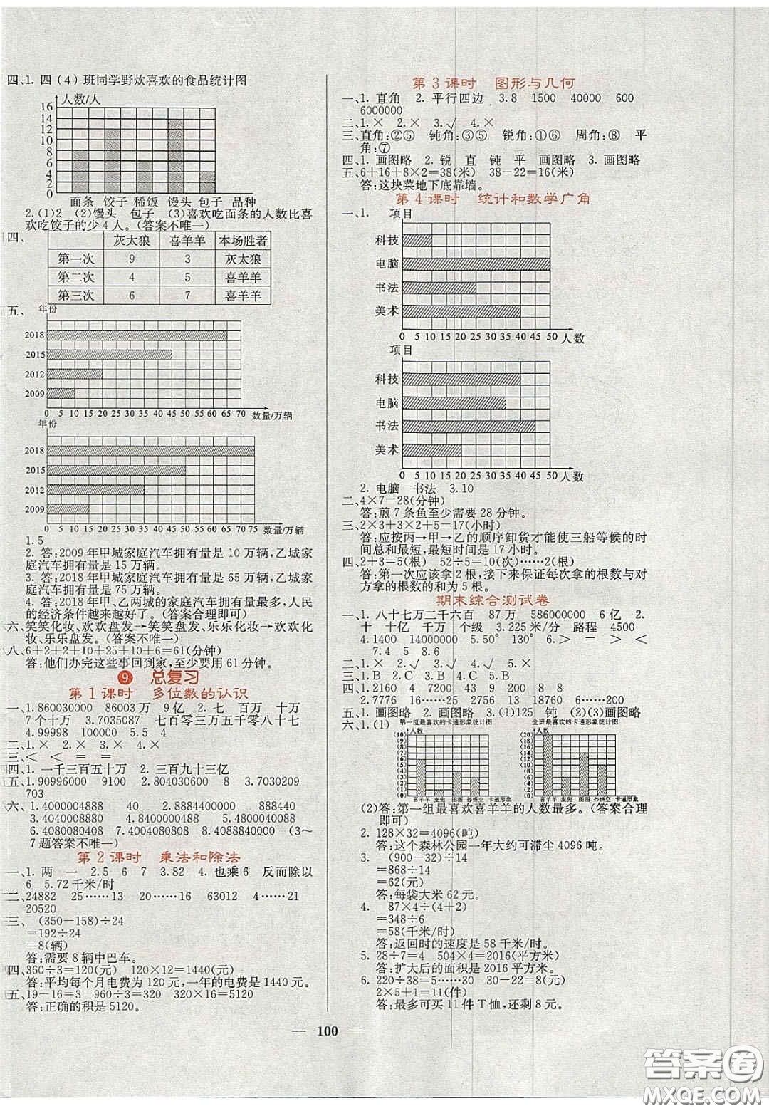 2020課堂點睛四年級數(shù)學上冊人教版答案