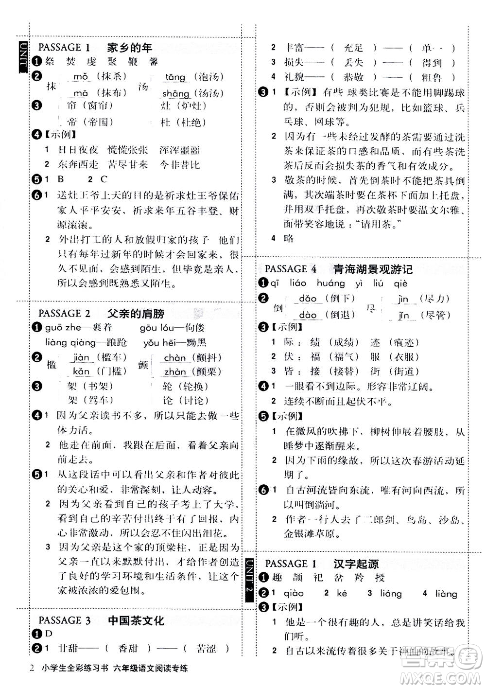 2020年小學(xué)生全彩練習(xí)本語文閱讀專練六年級通用版答案