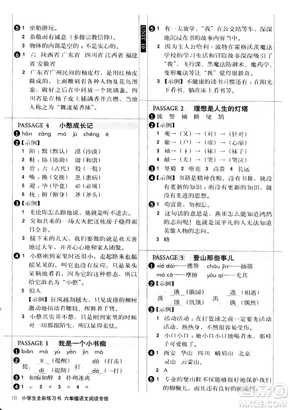 2020年小學(xué)生全彩練習(xí)本語文閱讀專練六年級通用版答案