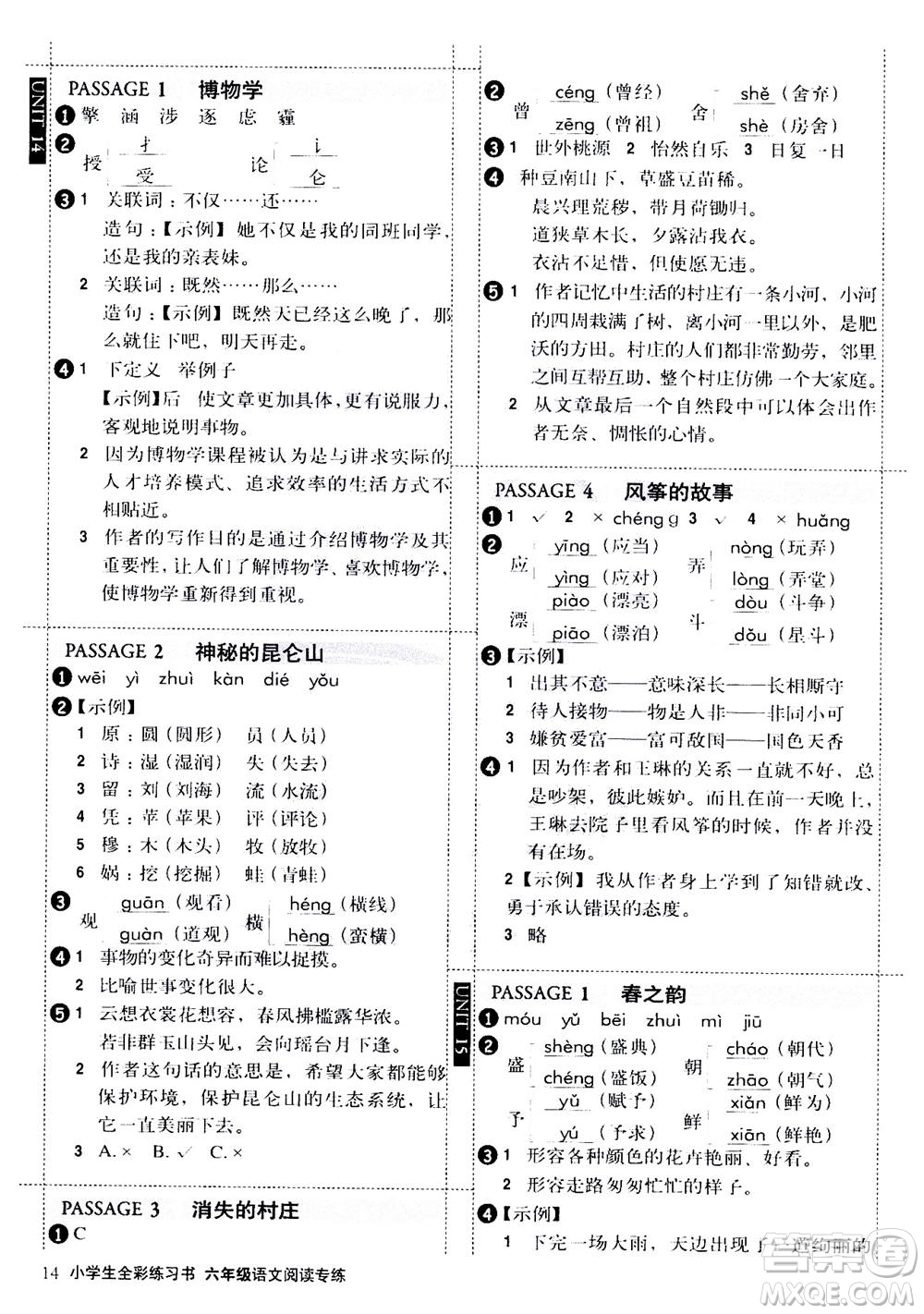 2020年小學(xué)生全彩練習(xí)本語文閱讀專練六年級通用版答案