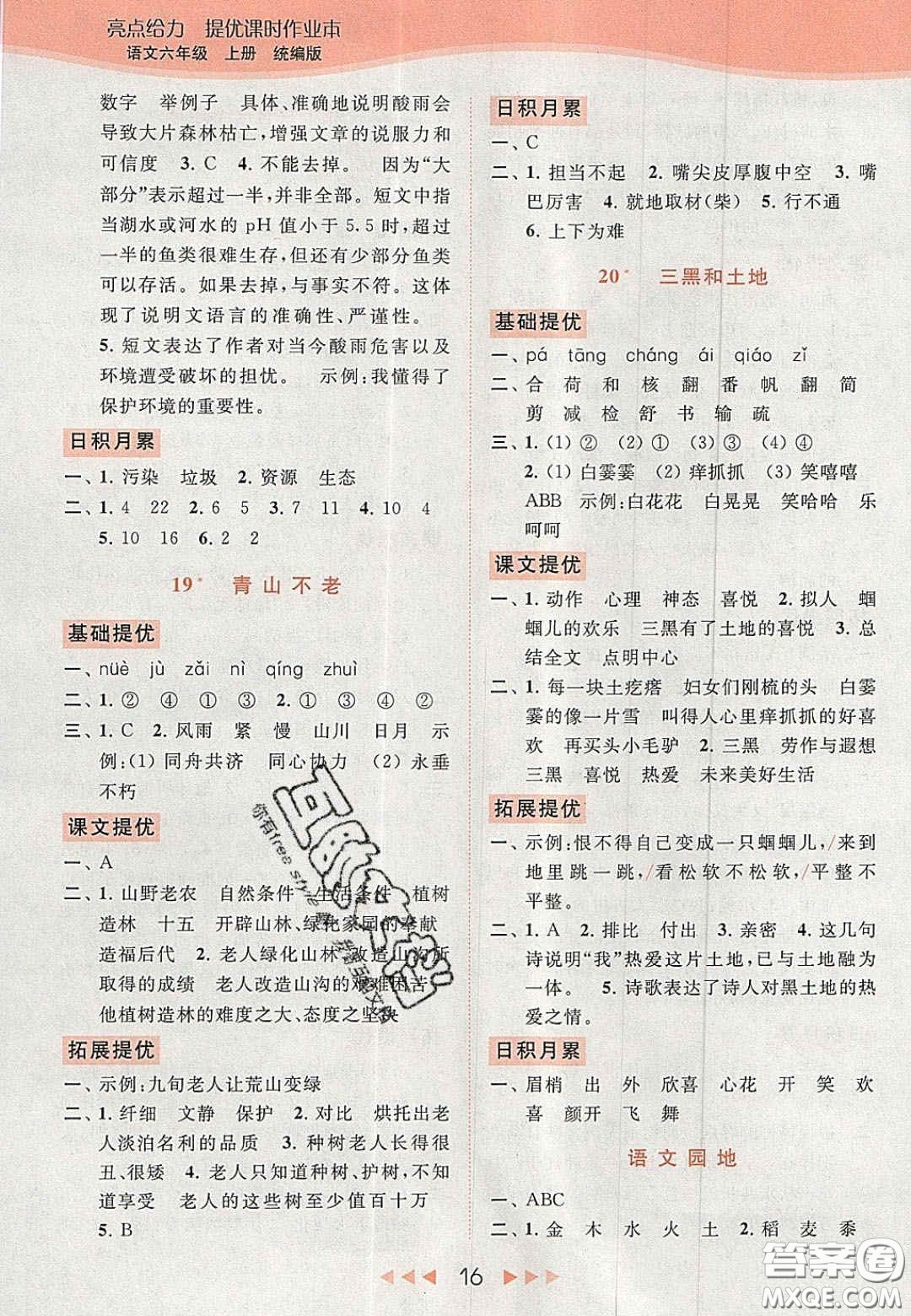 北京教育出版社2020年亮點(diǎn)給力提優(yōu)課時(shí)作業(yè)本六年級(jí)語文上冊(cè)統(tǒng)編版答案