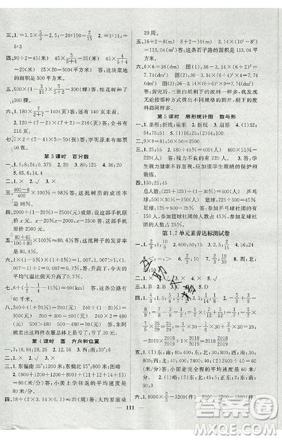 天津科學(xué)技術(shù)出版社2020年智慧花朵數(shù)學(xué)六年級上冊R人教版答案