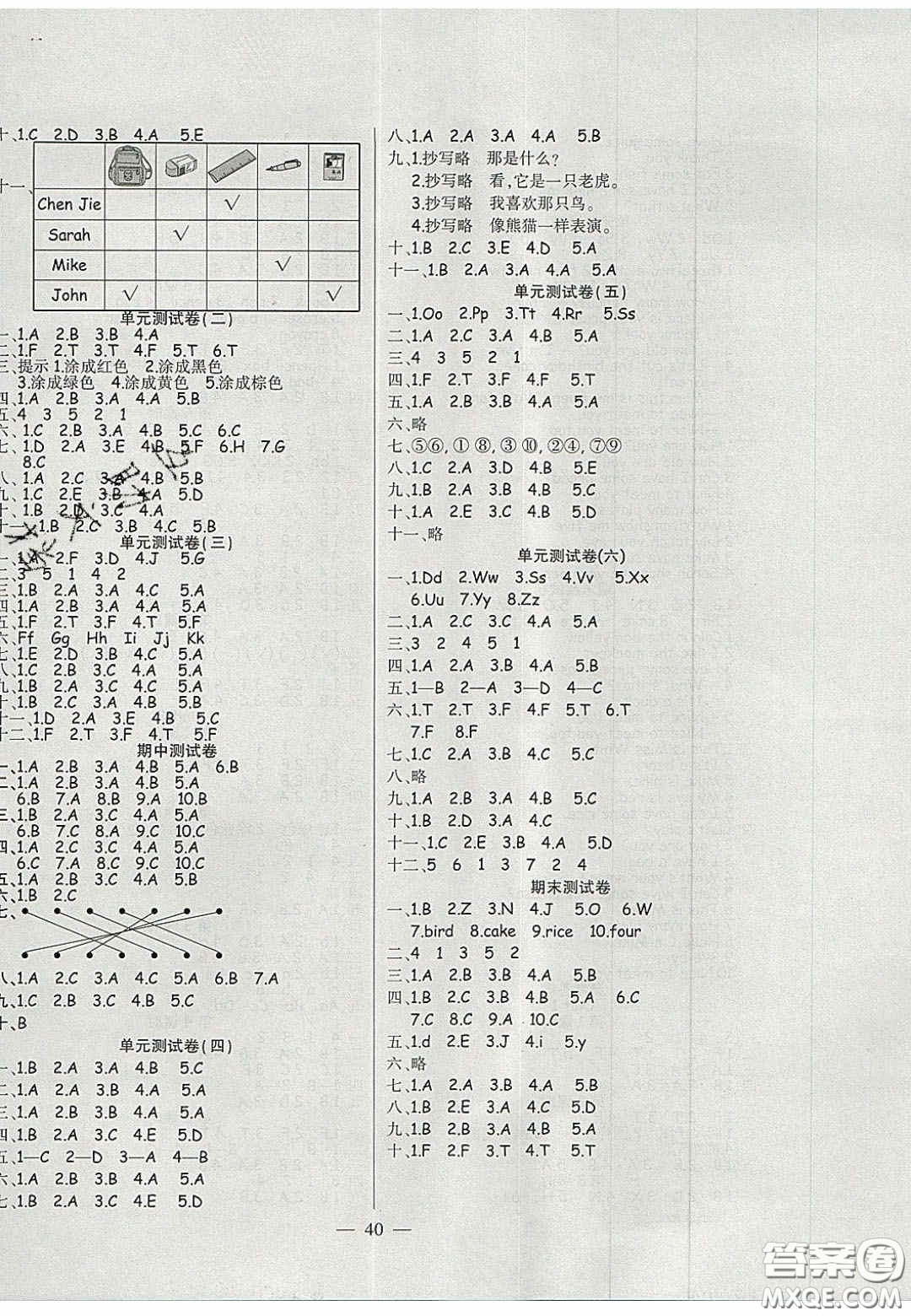 2020年激活思維智能訓(xùn)練三年級(jí)英語(yǔ)上冊(cè)人教版答案