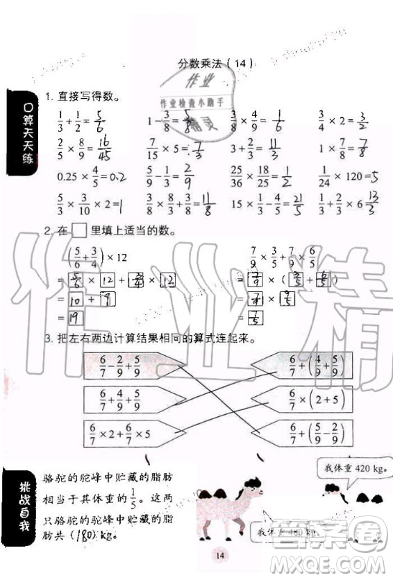 人民教育出版社2020年同步口算練習(xí)冊(cè)六年級(jí)上冊(cè)人教版答案