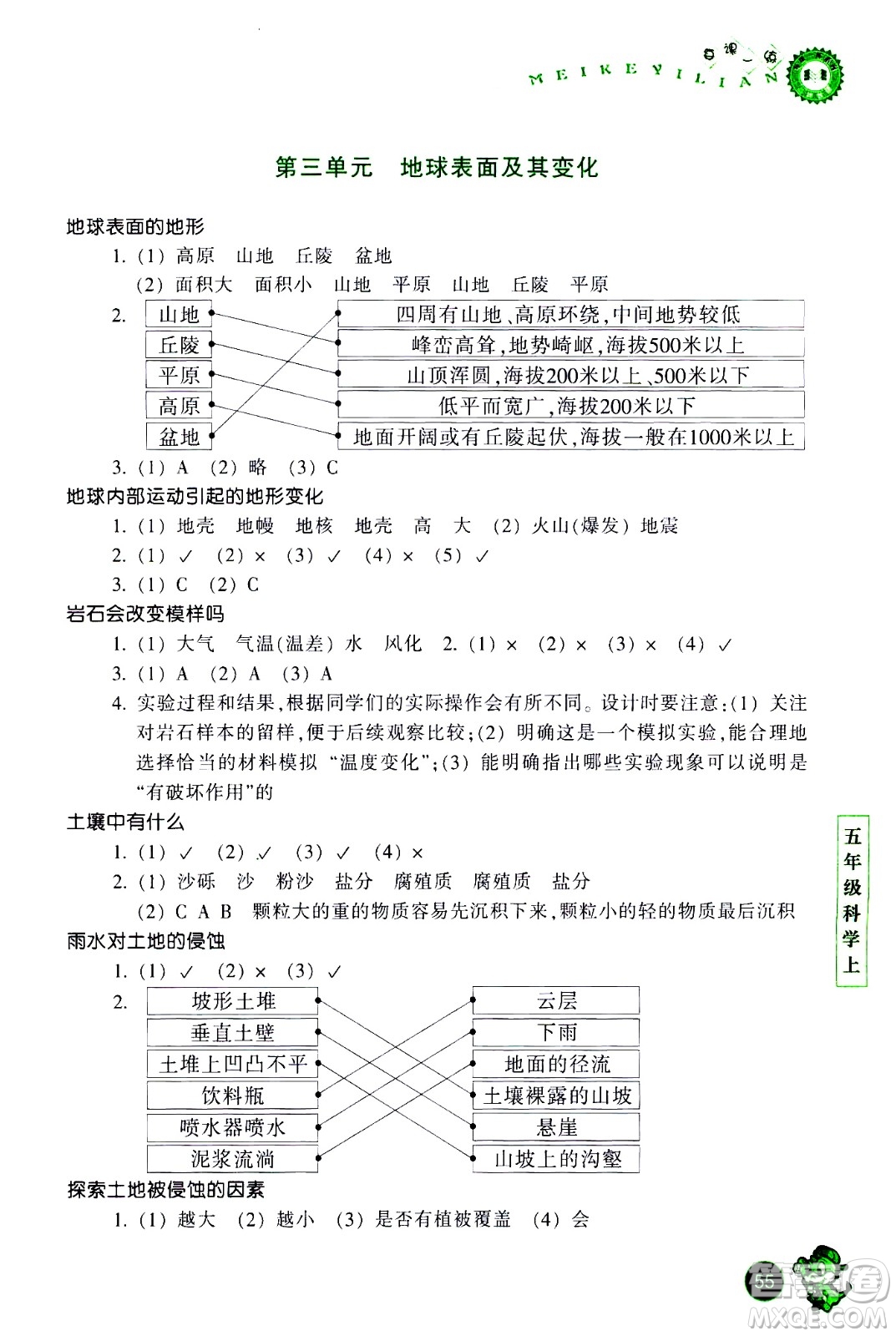 浙江少年兒童出版社2020年每課一練小學科學五年級上冊J教科版優(yōu)化版答案