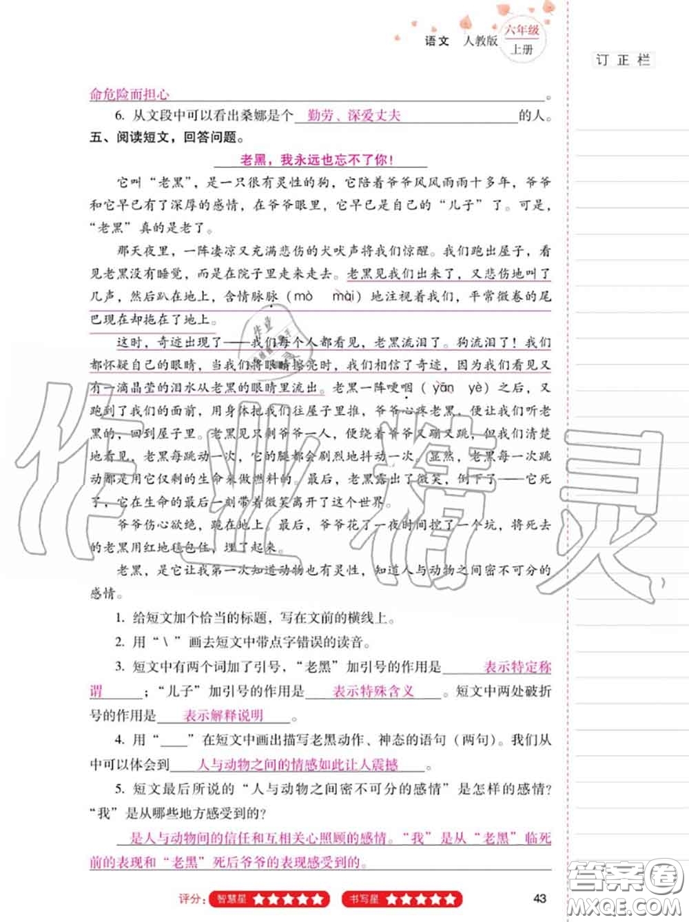 2020年秋同步指導(dǎo)訓(xùn)練與檢測(cè)六年級(jí)語文上冊(cè)人教版參考答案