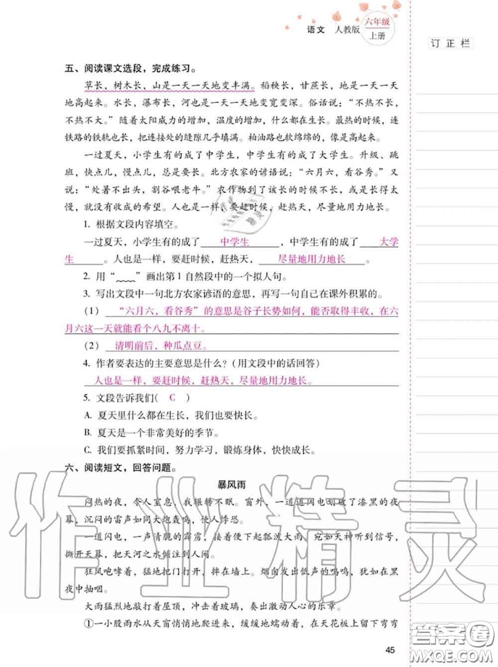 2020年秋同步指導(dǎo)訓(xùn)練與檢測(cè)六年級(jí)語文上冊(cè)人教版參考答案