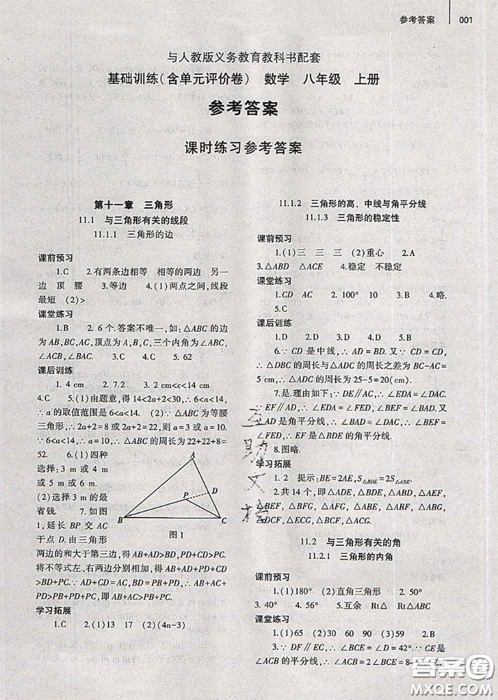 大象出版社2020年基礎訓練八年級數學上冊人教版參考答案