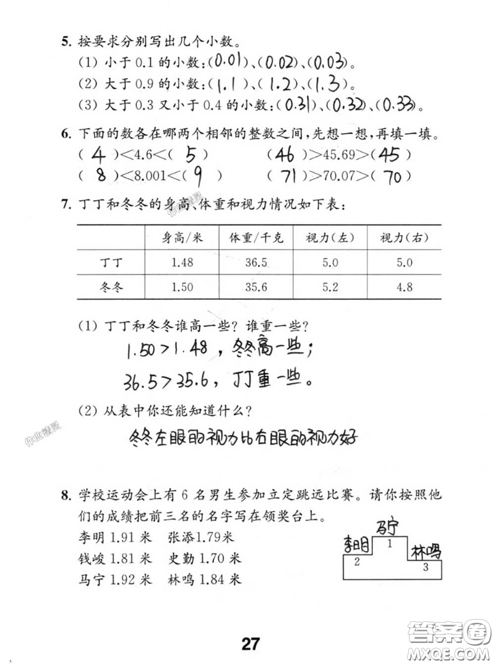 江蘇鳳凰教育出版社2020數(shù)學(xué)補(bǔ)充習(xí)題五年級(jí)上冊(cè)人教版參考答案