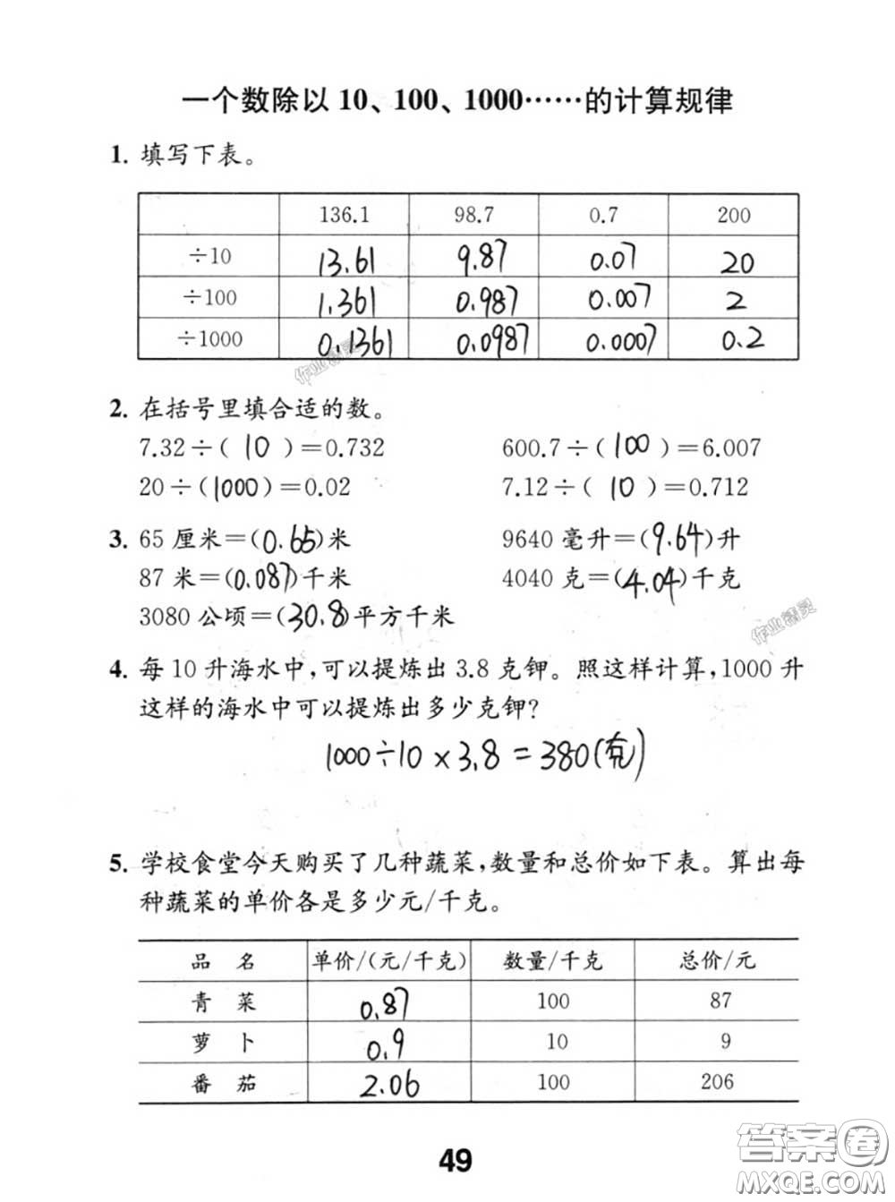 江蘇鳳凰教育出版社2020數(shù)學(xué)補(bǔ)充習(xí)題五年級(jí)上冊(cè)人教版參考答案