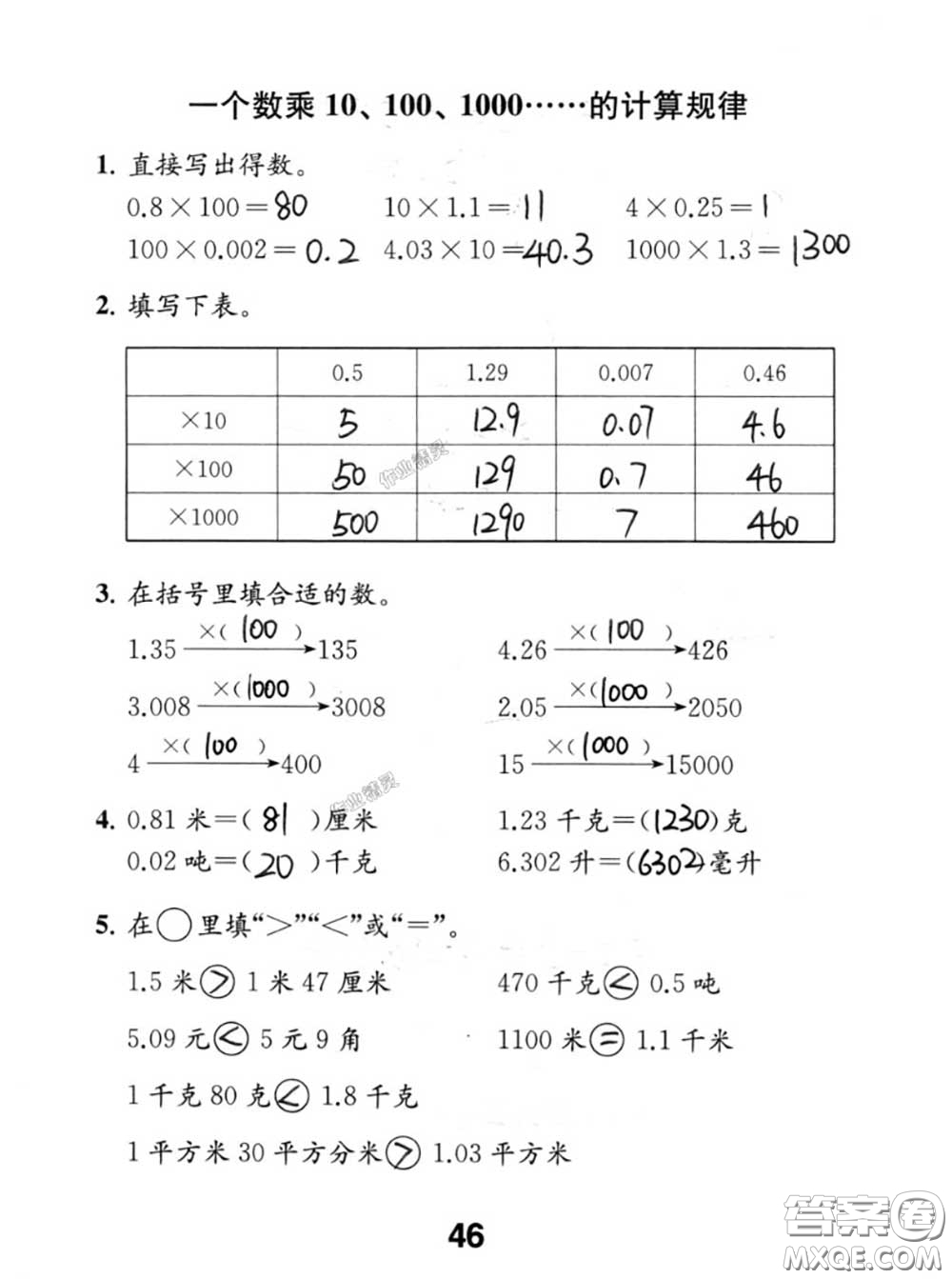 江蘇鳳凰教育出版社2020數(shù)學(xué)補(bǔ)充習(xí)題五年級(jí)上冊(cè)人教版參考答案