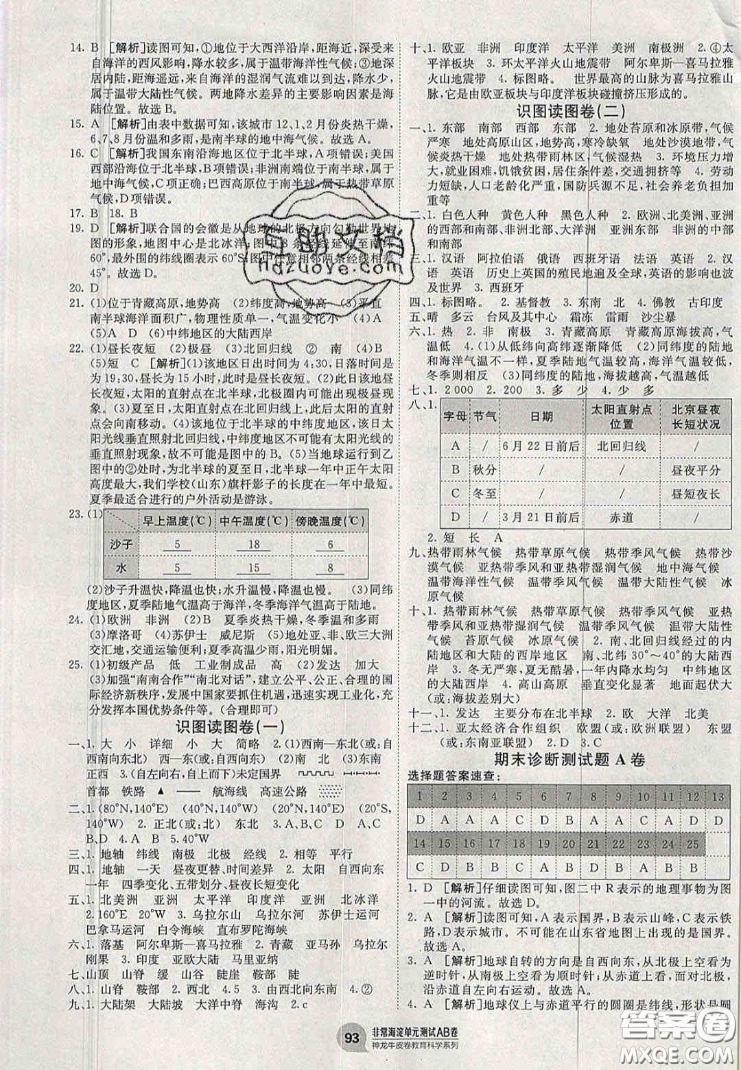 神農(nóng)牛皮卷2020秋非常海淀單元測試AB卷七年級(jí)地理上冊(cè)湘教版答案