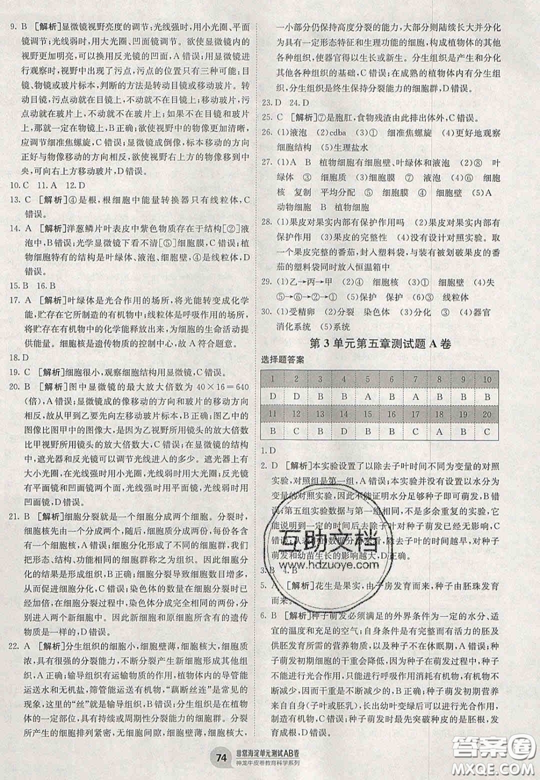 神農(nóng)牛皮卷2020秋非常海淀單元測試AB卷七年級生物上冊蘇教版答案