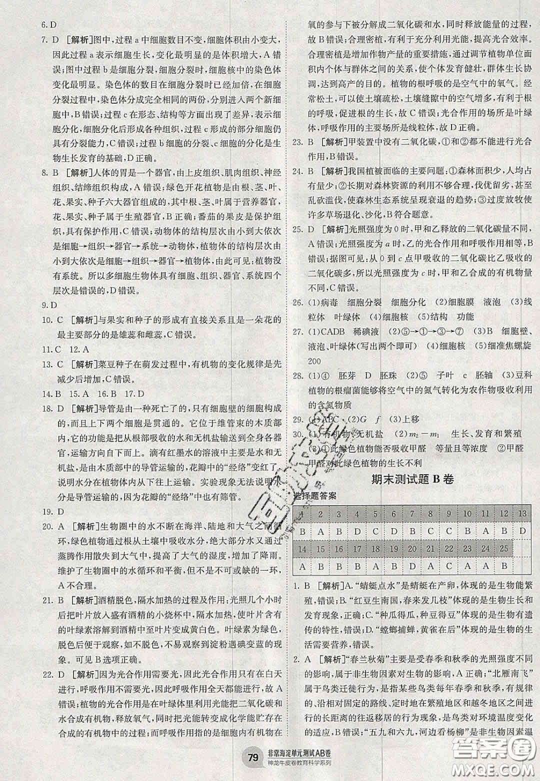 神農(nóng)牛皮卷2020秋非常海淀單元測試AB卷七年級生物上冊蘇教版答案