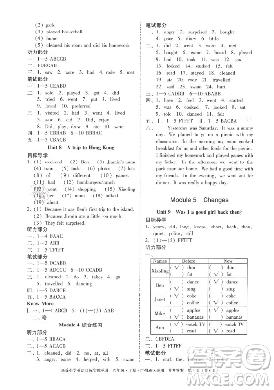 2020年新編小學(xué)英語(yǔ)目標(biāo)實(shí)施手冊(cè)六年級(jí)上冊(cè)教科版廣州專版答案