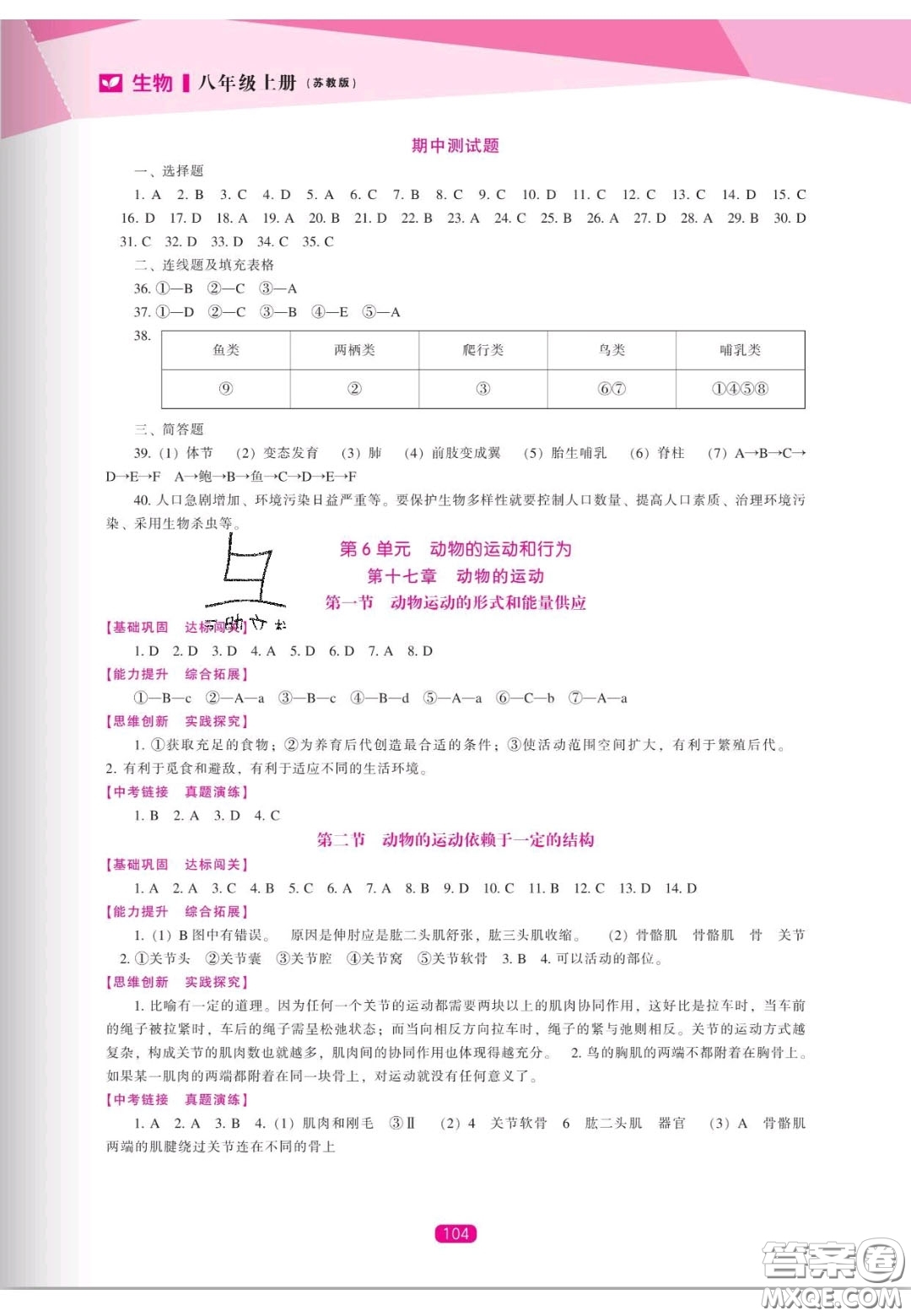 遼海出版社2020新課程能力培養(yǎng)八年級(jí)生物上冊(cè)蘇教版答案